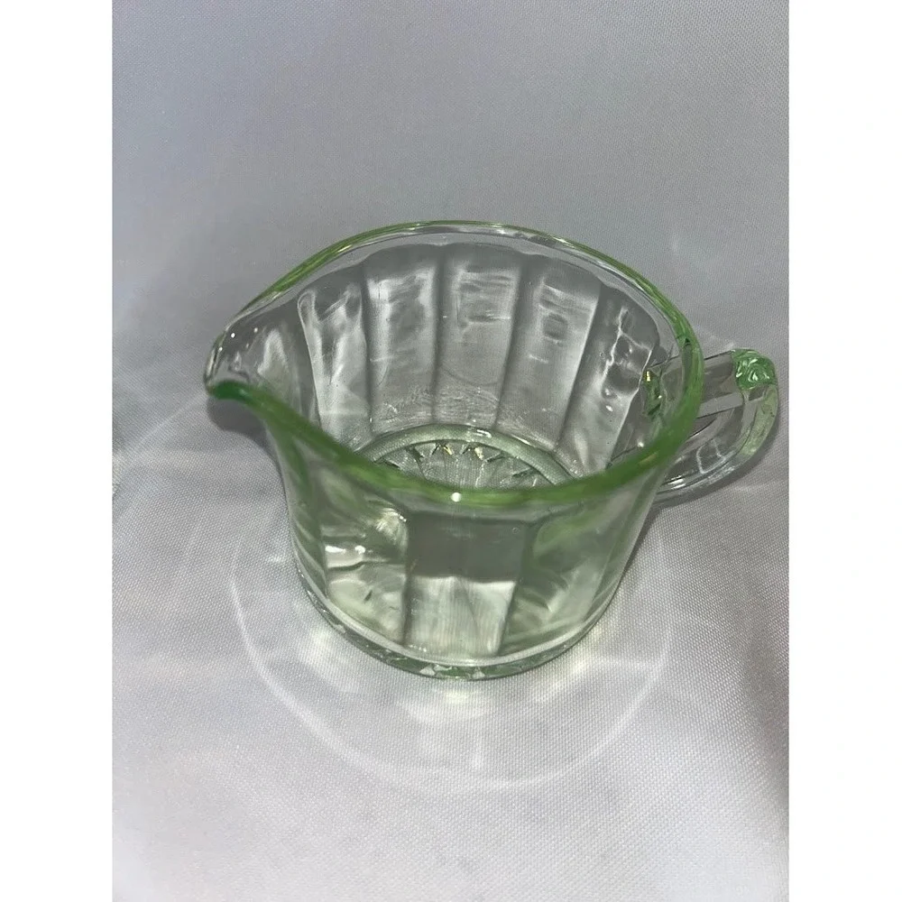 Vintage Uranium Glass Creamer and Sugar Bowl Set Paneled Starburst UV Reactive